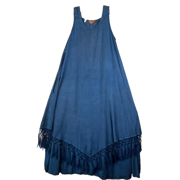 Sakkas Maxi Dress Size S/M Blue Stonewash Fringed Boho India Festival Pockets - Picture 13 of 14
